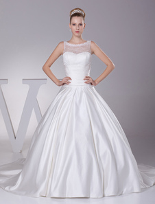 Sweatheart mariage robe Illusion dentelle perles encolure Satin plissé-ligne Chaple Train robe de ma