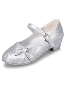 Fille de fleur argent chaussures Bow bretelles PU chaussures pour filles