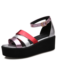 Sangles de sandales plate-forme multicolore carreaux PU talons pour femmes