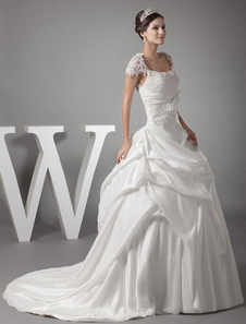 Balle robe hors-la-épaule perles dentelle appliques taffetas plissé Chaple Train robe de mariée