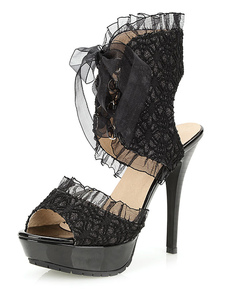 Talons de cuir de dentelle noir plate-forme sandales Peep Toe pour femmes