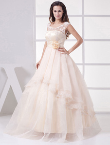 Champagne mariage robe Illusion Lace Applique encolure Sash fleur étage longueur a-ligne Bridal Dres