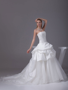 Organza robe boule bretelles perles dentelle appliques Satin plissé Chaple Train mariée robe