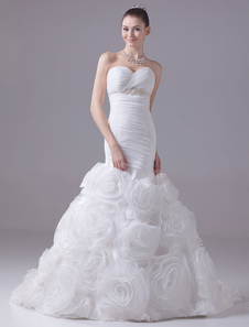 Sirène Wedding Dress Sweatheart plissé perles robe de mariée Organza Fleur Chaple Train