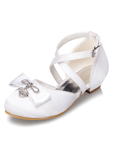 Fille fleur blanche sandales Bow strass Satin chaussures pour filles