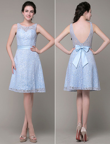 Dentelle Prom robe bijou encolure genou-longueur a-ligne robe de Cocktail avec Sash Bow