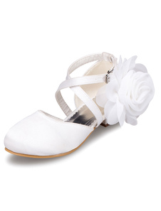 Fille fleur blanche chaussures chaussures en Satin bretelles fleurs pour filles