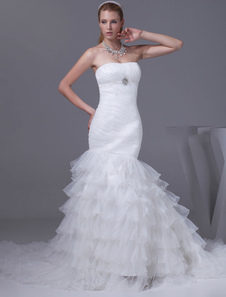 Sirène mariage robe bustier plissé perles Organza hiérarchisé Chaple Train robe de mariée