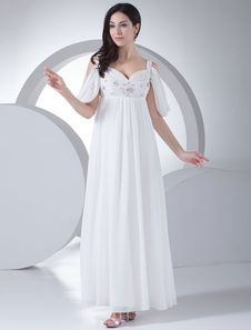 Mariage simple robe Strap a-ligne perles strass étage plissé en mousseline de soie longueur robe de 