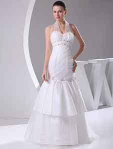 Halter robe sirène perles strass Tulle Plteatd Chaple Train robe de mariée de mariée