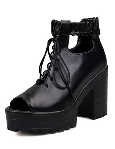 Noire Peep Toe plateforme sandales lacets talons en cuir pour femmes