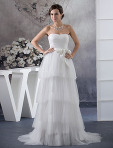Hiérarchisé mariage robe bustier plissé Sash Bow Tulle robe de soirée a-ligne de Train Tribunal