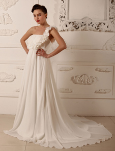 Mariage d’une seule épaule robe en mousseline de soie fleur drapée robe de mariée a-ligne de Train C