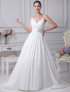 Taffetas de mariage robe col v sangle tissée Sash plissé perles robe de mariée a-ligne de Train Chap