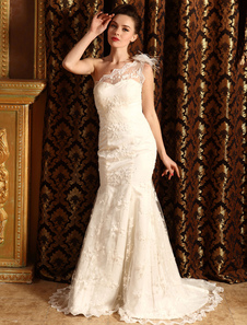 Dentelle robe une épaule fleur Cour Train sirène mariée robe de mariée