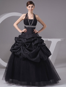 Mariage noir Robe col v dentelle perles Ball robe taffetas plissé étage longueur robe de Quinceanera
