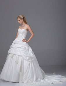 Robe de mariée douce boule perles appliques Satin plissé Chaple traîne avec bordure ajourée