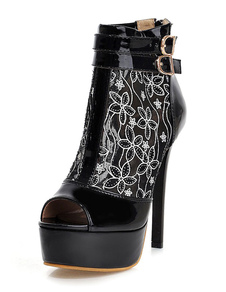 Talons noirs Peep Toe plate-forme sandales dentelle en cuir pour femmes