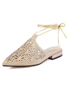 Paillettes d’or appartements lacets des sandales en cuir pour femmes