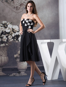 Genou-longueur robe de Cocktail sans bretelles fleur Decor Ciffion a-ligne plissée volants robe de b