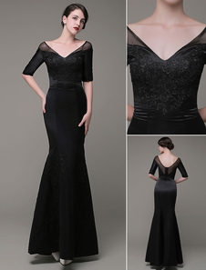 Mère de la mariée Robes Illusion v-cou dentelle appliques étage longueur robe de soirée Meimaid