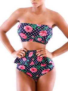 Maillot de bain Polyester Sexy en Bikini bustier imprimé floral pour femmes