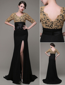 Dentelle robe de soirée v-cou Satin Sash Cour Train mère de la mariée Robes