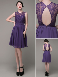 Longueur genou robe de Cocktail a-ligne bijou dentelle mousseline de soie Sash Pleatd Homecoming rob