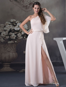 Une seule épaule plissé Split a-ligne en mousseline de soie robe de soirée-parole longueur robe de b