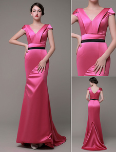 Sirène robe de soirée v-cou Satin Sash Tribunal Train robe de bal