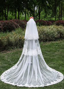 Cathédrale de mariage voiles dentelle appliques bord Tulle à trois niveaux cascade voiles avec peign