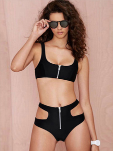Découper le Bikini noir sangles à capuche Polyester maillot de bain pour femmes