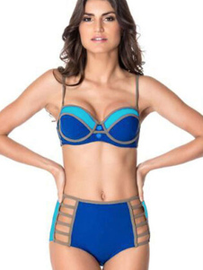 Bikini bleu sangles découpe Polyester maillot de bain pour femmes
