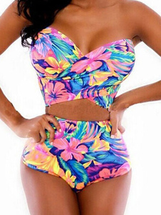 Bikini bustier imprimé floral Lace Up Polyester maillot de bain pour femmes
