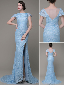 Sirène robe de soirée dentelle de Bateau Split Tribunal Train robe de bal