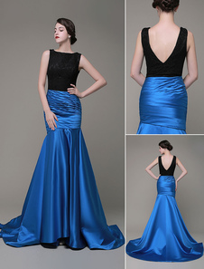 Sirène robe de soirée Bateau dentelle Satin plissé Tribunal Train