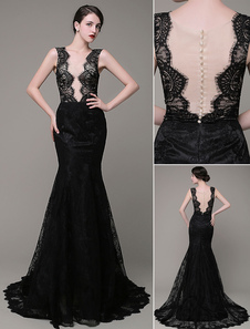 Sirène robe de soirée dentelle Illusion Backless Tribunal Train robe célébration