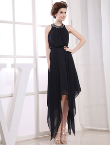 Plissé de mousseline de soie robe de Cocktail Halter thé longueur strass tour de taille a-ligne robe