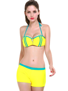 Licol sangles Bikini jaune lacets Polyester maillot de bain pour femmes