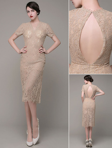 Gaine parti Robe col en v thé longueur dentelle robe mère de mariée Robes