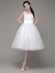 Robes dentelle Prom robe a-ligne bretelles Tulle mi-longues Quinceanera