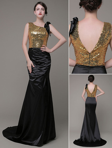 Sirène robe de soirée une épaule paillettes Satin plissé Split Tribunal Train robe de bal or