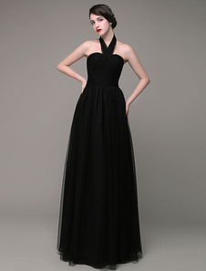 Black robe de soirée Halter décolleté a-ligne Tulle plissé étage longueur robe