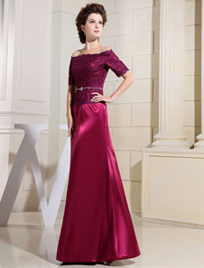 Bateau mère de la robe de soirée mariée Robes dentelle a-ligne étage longueur avec ceinture strass