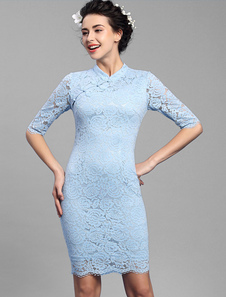 Robe bleu pâle de Bodycon Slim Fit dentelle robe de Midi