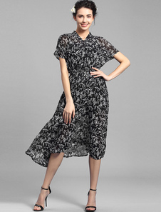 Robe imprimée noire Slim Fit Midi en mousseline de soie robe