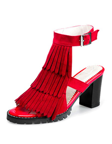 Sandales franges rouge taillée Suede talons pour femmes