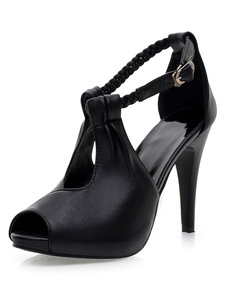 Peep Toe sandales noir sangles PU talons pour femmes