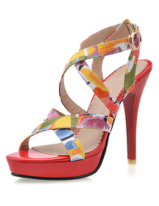Impression plateforme sandales Multicolor sangles en cuir talons pour femmes