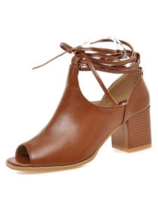 Peep Toe Lace Up sandales PU brun clair talons pour femmes